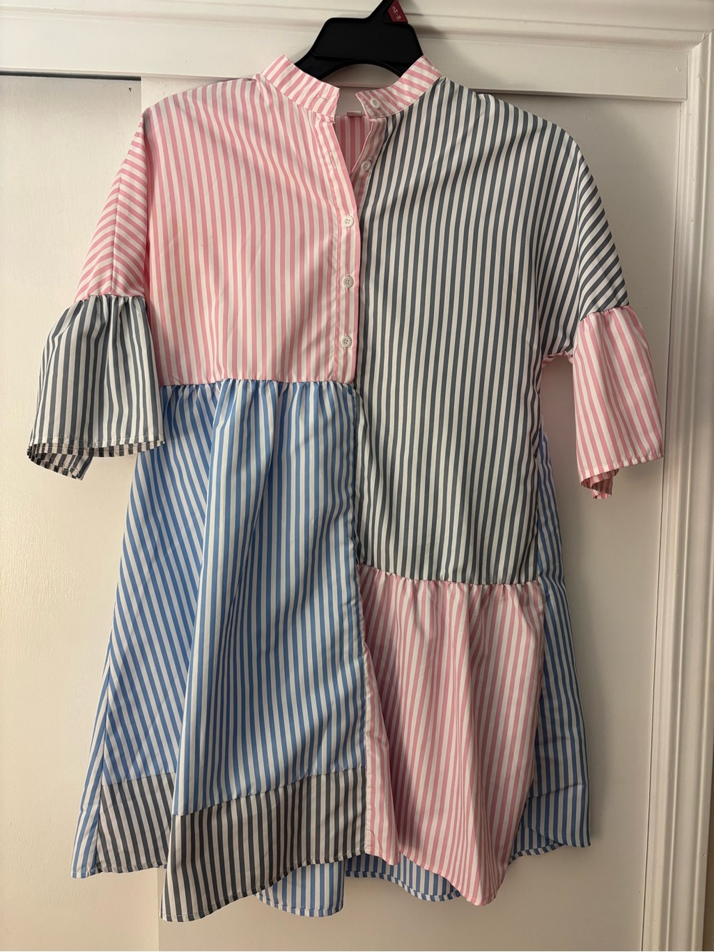 Girls' Striped Patchwork Dress Top - Pink, Blue & Gray